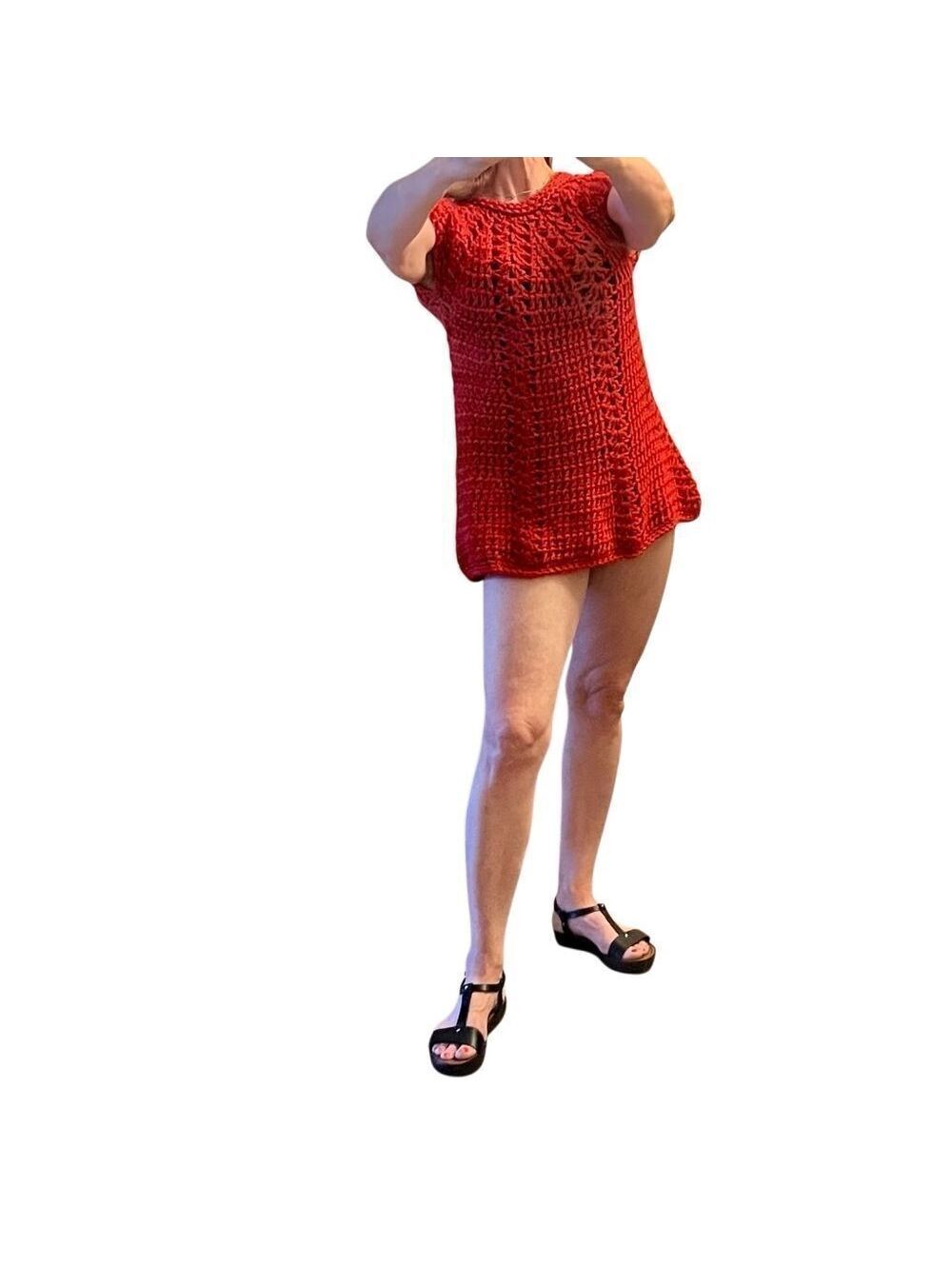 Vintage 60s Red Micro Mini Dress Crochet Hot pants Handmade Open Chunky Knit L